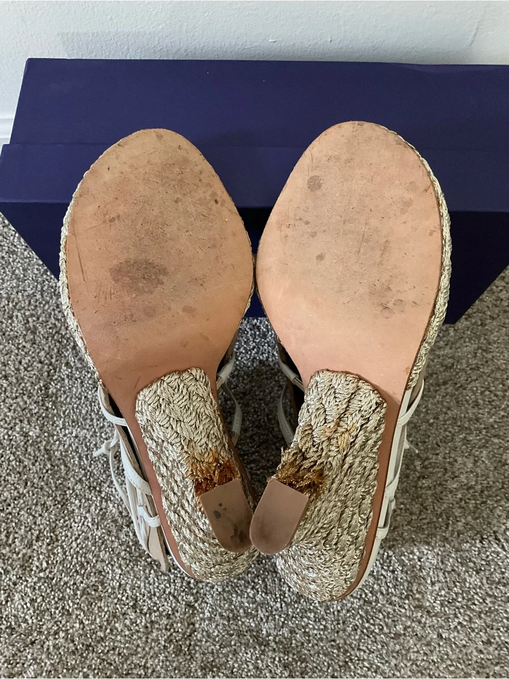 Stuart Weitzman White Strappy Espadrille Wedges with Blue Bead Accents - Picture 4 of 10